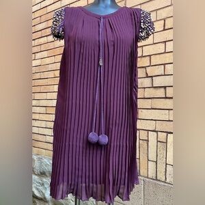 Manoush Purple Pleated w/ Sequin Yarn Sleeves Hamsa Charm Mini Dress Size Small